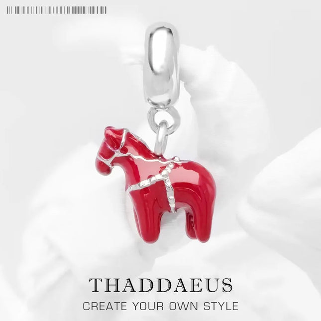 Red Dalarna Horse Pendant 925 Sterling Silver Dangle Charm Fit Bracelet Necklace Women Men Vintage Fine Jewelry