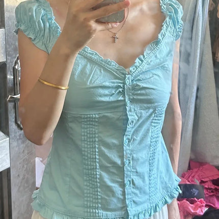 Blue Striped Folds Blouse Top Women New Casual Single Breasted Ruffle Sleeveless Tank Tops Vest Sweet Preppy Style Camisole Y2K