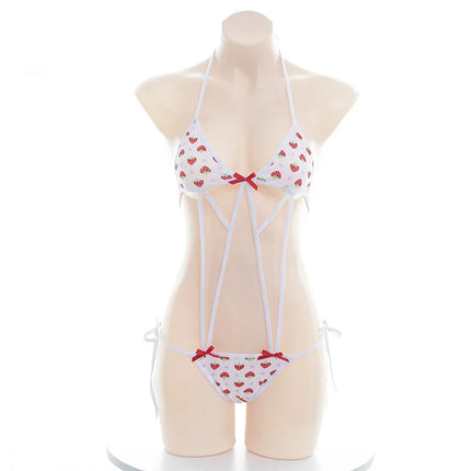 Erotic Fun Strawberry Costumes Bra Sexy Lingerie Lolita Kawaii Cosplay Pink White Striped Mini Bikini Women Underwear Japanese