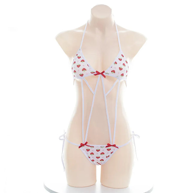 Erotic Fun Strawberry Costumes Bra Sexy Lingerie Lolita Kawaii Cosplay Pink White Striped Mini Bikini Women Underwear Japanese