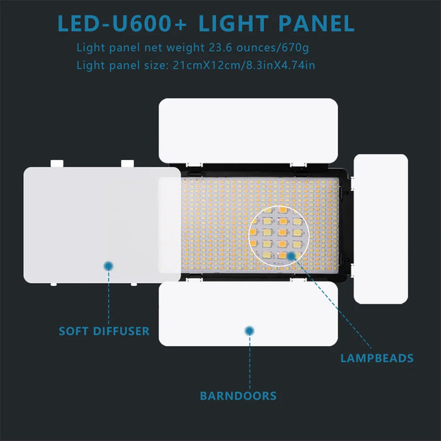 U800+ LED Video Light Photo Studio Lamp Bi-Color 2500K-8500k Dimmable with Tripod Stand Remote for Video Recording