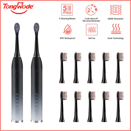 Tongwode Electric Sonic Toothbrush Rechargeable Waterproof Electronic USB Charge Whitening Tooth Brushes Replacement Heads Adult