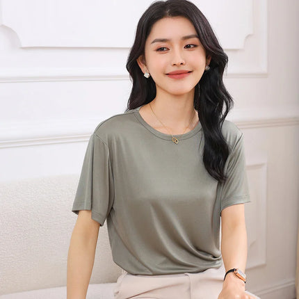Summer Women's Short Sleeve O-Neck T-Shirt Knitted Acetate Fabric High-End Thin Pullover Top for Ladies