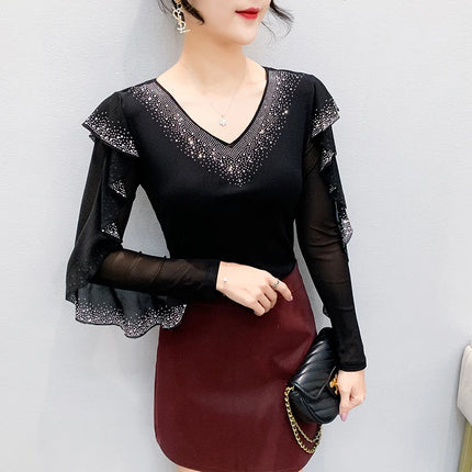 2025 Autumn New Style Mesh Tops Korean Fashion Round Neck Ruffles Shirt Lotus Leaf Edge Hot Diamond Long Sleeve Women T Shirt