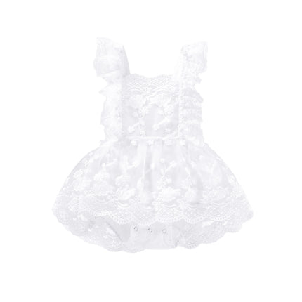Baby Girls Summer Romper, Plain Floral Lace Embroidery Skirt Layered Adjustable Straps Bodysuits, Snap Triangle-Bottom Jumpsuit
