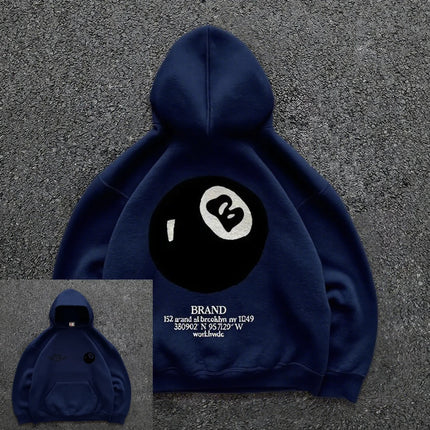 Retro 8-ball pattern hooded men's streetwear,oversized pullover, casual and fashionable sportswear, daily wear and hip-hop style