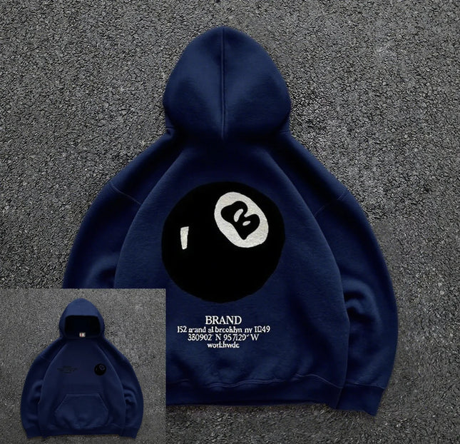 Retro 8-ball Pattern Hooded Men's Streetwear, Oversized Pullover, Casual and Fashionable Sportswear, Daily Wear, and Hip-Hop Style