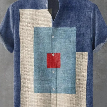 The new men's summer linen short-sleeved shirt features a pattern label. The clothing with artistic patterns, casual shirts.