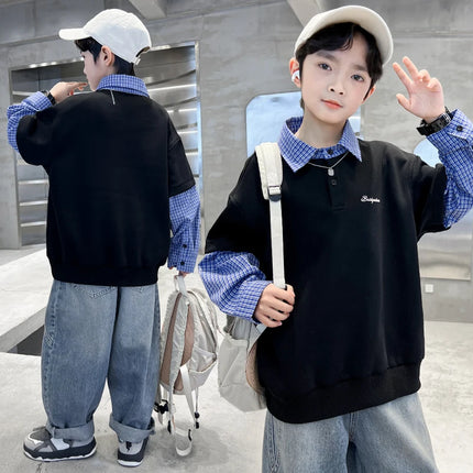Spring Autumn Kids Cotton Polo Shirt For Teenagers Boy Fashion Layer Double Long Sleeve Outfit Child Casual Polo Collar Costume