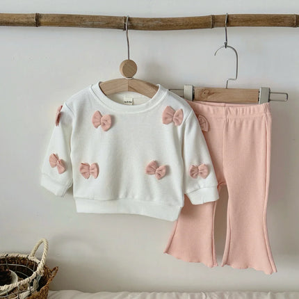 Autumn Toddler Baby Girls Outfit Bowknot Decor Long Sleeve Sweatshirt Pink Flare Pants Spring Clothes Baby Newborn Items