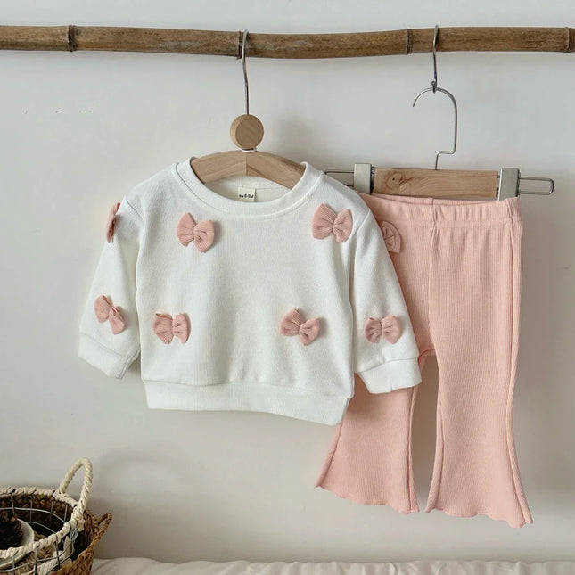 Autumn Toddler Baby Girls Outfit Bowknot Decor Long Sleeve Sweatshirt Pink Flare Pants Spring Clothes Baby Newborn Items