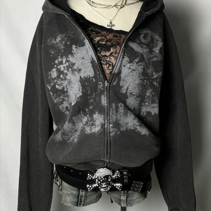 British Gothic Punk Printed Star Patch Embroidery Mens Womens Hooded Cardigan Harajuku Retro American Oversized Bat Sleeve Tops