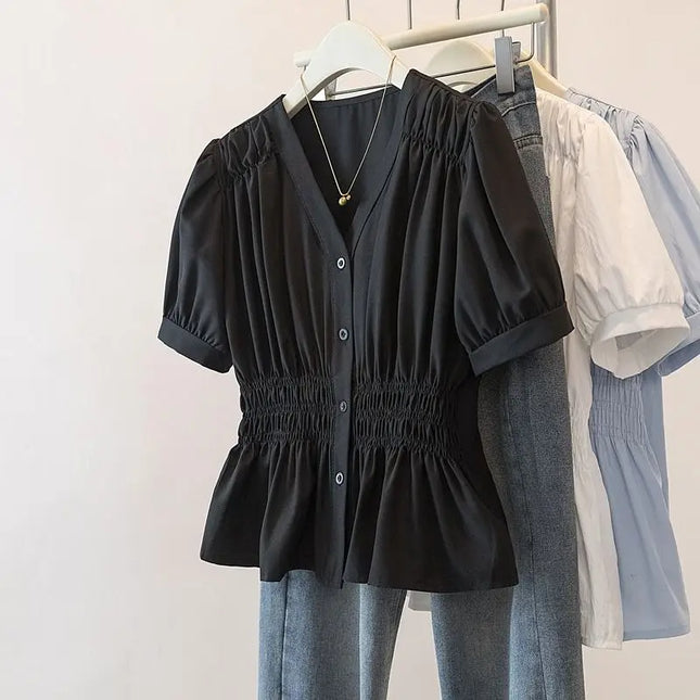 200 Pounds Plus Size Elastic Waist Office Lady Trend Shirt and Blouse Short Sleeve Solid Top Women Clothing V-neck French Chic