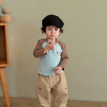 2026 Fall New Toddler Kids Pants Cotton Cartoon Embroidered Harem Pants Baby Boy Casual Striped Denim Baggy Trousers