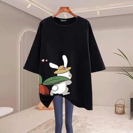 Women Clothing Fashion Rabbit Cartoon Print T-shirts Summer Pure Cotton O-neck Short Sleeve Basic Top Tee Casual Loose Pullovers