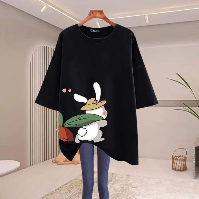 Women Clothing Fashion Rabbit Cartoon Print T-shirts Summer Pure Cotton O-neck Short Sleeve Basic Top Tee Casual Loose Pullovers