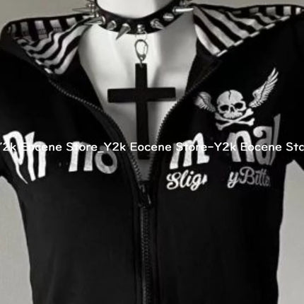 Y2K Subculture Skull Print Zip Cardigan Short Sleeve Women Japan Slim Fit Striped Hoodie Casual Tops Fashion Streetwear Clothes