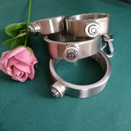 Heavy Stainless Steel Press Lock Wrist Handcuffs Ankle Cuffs Neck Collar Choker Shackles Bondage Adult Games Sex Toys for Couple