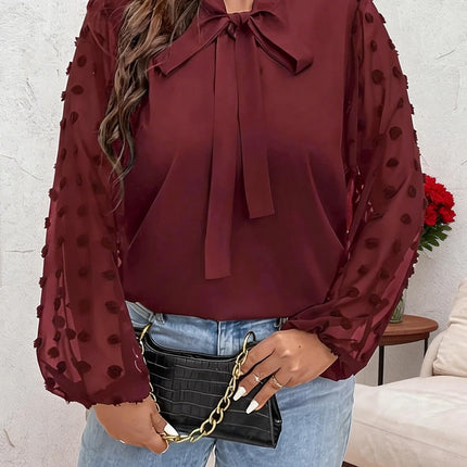 Plus Size Spring Autumn Women Elegant Bow Tie Neck Shirt Office Lady Fashion Solid Curve Clothing Casual Long Sleeve Tops