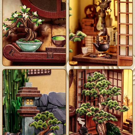 CUTEBEE Bookstore Model Miniature House DIY 3D Wooden Puzzle Bookshelf Insert Serene Courtyard with Dust Cover for Room Decor