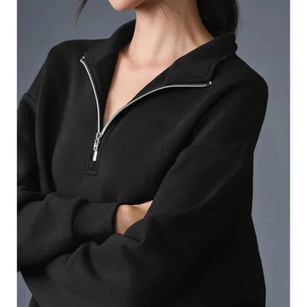 Loose Casual Zipper Sports Sweatshirts Solid Grey Cotton Long Sleeved Pullover Women Autumn and Winter Stand-up Collar Hoodie