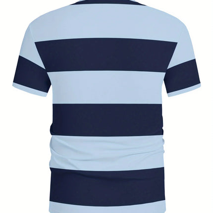 Men's Fashionable Summer Striped Casual Short Sleeved Shirt, Button Neck, Mixed Color Suitable for Golf or Casual Wear