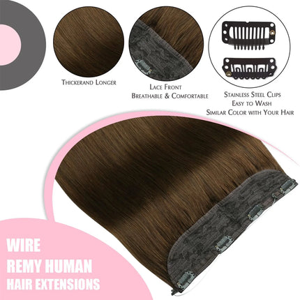 Invisible Halo Hair Extensions Real Human Hair Fish Wire Adjustable Band Secret Clip-in Extension for Women Chocolate Brown