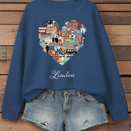London Heart Street View Print Sweatshirt Women Fleece Hip Hop Streetwear Loose Autumn Clothes Comfortable O-Neck Pullovers
