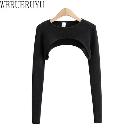 Women's Long Sleeve Crop Top T-shirts Spring Autumn Y2k Aesthetic Clothes O-neck Black White Sexy Harajuku Knitted Tshirt 2023