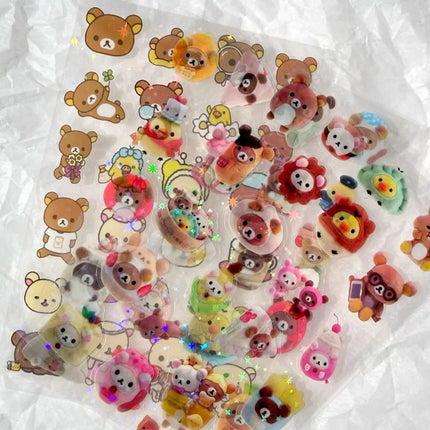 10Sheets Cartoon Cute Rilakkuma Stickers Die-cutting Sticker Anime Decals Handbooks Material Flashing Laser Sticker Kid Toy