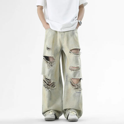 Fashion Jeans Wide-Leg Pants Men's Loose Old Jeans American Hip-hop High-waisted Jeans Ripped Print Casual High Street Trousers