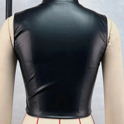 Sexy black zipper leather crop top women clothing summer body PU tank tops woman vintage gothic clothes streetwear top outfit