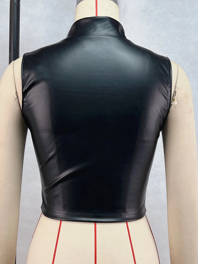 Sexy black zipper leather crop top women clothing summer body PU tank tops woman vintage gothic clothes streetwear top outfit