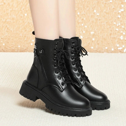 WOIZGIC Women Female Ladies Mother Genuine Leather Shoes Ankle Boots Winter Autumn Warm Fur Wool Zipper Plus Size 42 43