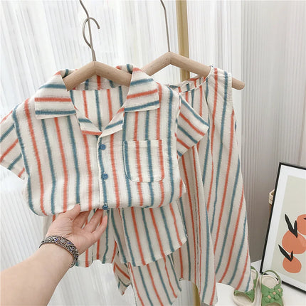 Summer Toddler Siblings Attire Turn Down Collar Top Striped Shorts Infant Boy Suit Loose Sleeveless Retro Dress Baby Girl Outfit