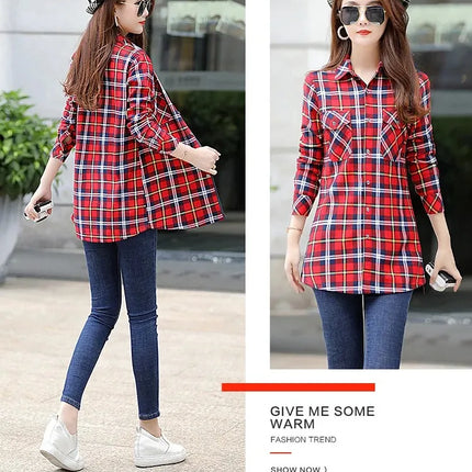 Thickened Fleece Women's Long Sleeve Shirt Warm Slim Fit Midi Length Plaid Korean Style Fashionable Women's Button-up Top