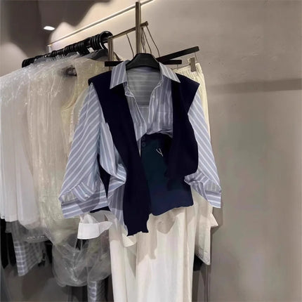Blue Loose College Style Striped Shirt plus Shawl Two-Piece Set Women Spring Autumn New Versatile High-End Feeling Top