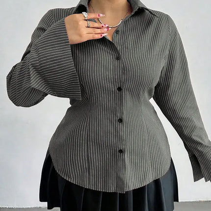 New Plus Size Lapel Print Striped Long-Sleeve Shirt Button Slim-Fit Top Blouse Versatile Elegant Office Fashion Female Clothing