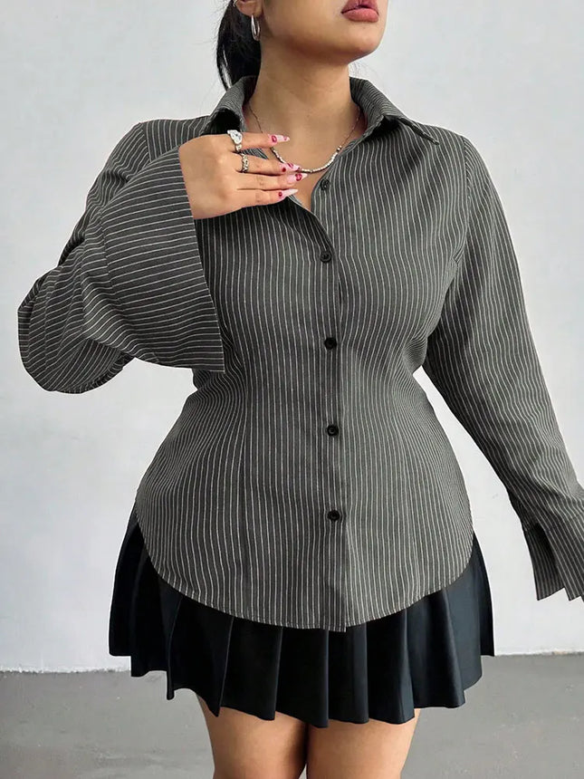 New Plus Size Lapel Print Striped Long-Sleeve Shirt Button Slim-Fit Top Blouse Versatile Elegant Office Fashion Female Clothing