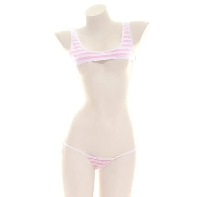 2025 Blue White Stripe Bikini Swimsuit Striped Halter Micro Bikini Set Lolita Kawaii Swimsuit Backless String Tied Bathing Suit