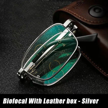 Multifocal Folding Reading Glasses Anti-blue Light Men Women Metal HD Lenses Eyewear Far Near Sihgt Eyeglasses With Leather Box