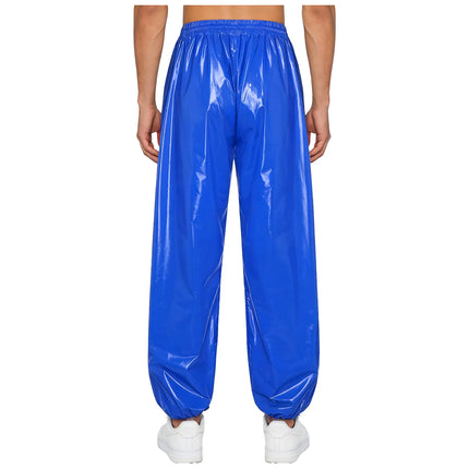 Mens Shiny Y2K Drawstring Jogging Pants Waterproof Elastic Waistband Side Pockets Track Baggy Glossy Pants Hip Hop Trousers