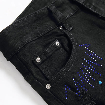 Men Crystal Cross Stretch Denim Jeans Holes Ripped Distressed Black Pants Embroidery Slim Tapered Trousers