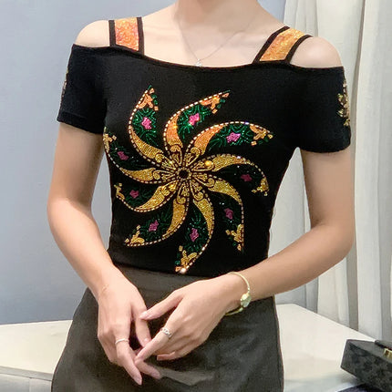 New Summer European Clothes Women's T-Shirts Luxury Butterfly Hot Diamonds Tees Sexy Streetwear Off-Shoulder Tops Shirt