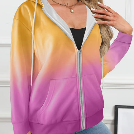 2025 New Woman Sweatshirts Simple Gradient Print Long Sleeves Zip Hoodie Autumn Casual Drawstring Design Fashion Women's Hoodie
