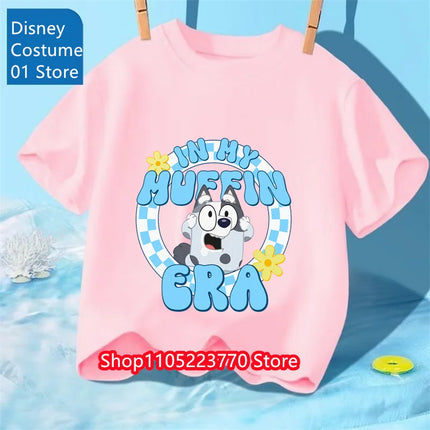 Autumn Winter Kids Bluey Short Sleeve T-Shirt Cartoon Printed Soft Tee Comfortable Daily Wear for Boys Girls