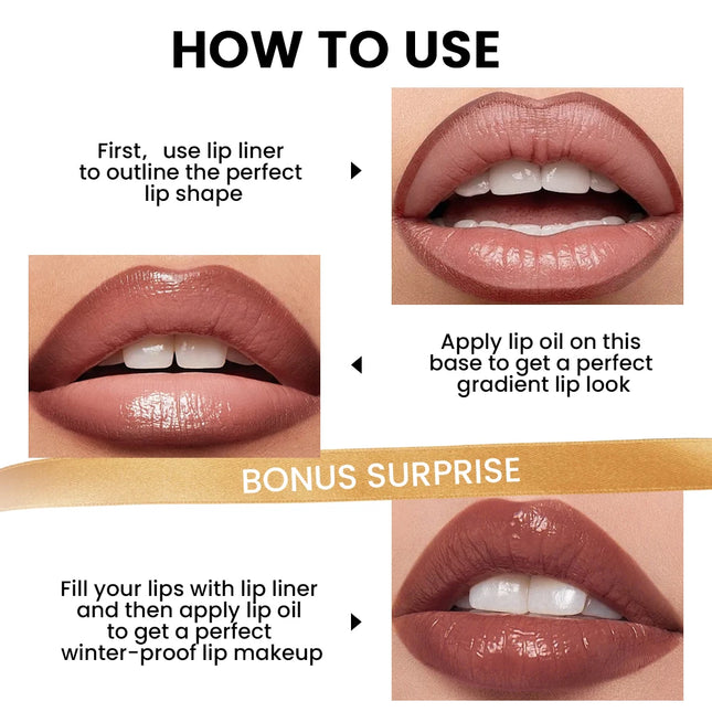 Lip liner and lip oil set, long-lasting, light and non-sticky, portable, quickly create a perfect gradient lip glaze