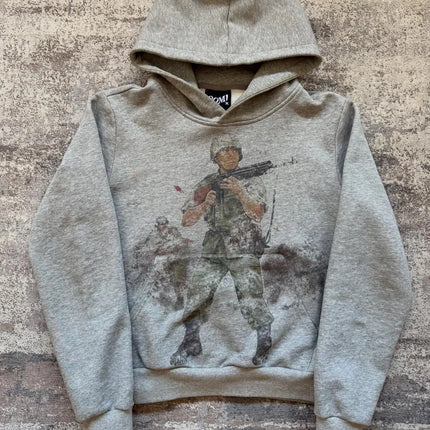 European and American Autumn and Winter Sports Hooded Pullover Retro Printing Pictures Men and Women Same Grey Loose Hoodie