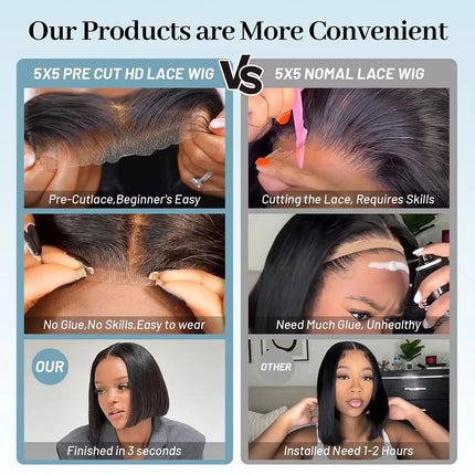Glueless Wigs Human Hair Pre Plucked Pre Cut Wear and Go 5X5 HD Lace Closure Bob Wig Straight Short Bob Wig Human Hair for Women