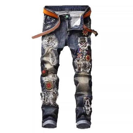 New Korean Luxury Clothing Multi-ripped Jeans Men's Patch Slim Retro Style Fashion Personality Badge Beggar Cargo Trousers Man